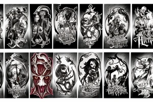 I would like a demon slayer, Harry Potter, attack on titan, Alice in wonderland, and the nightmare before Christmas themed sleeve tattoo tattoo idea