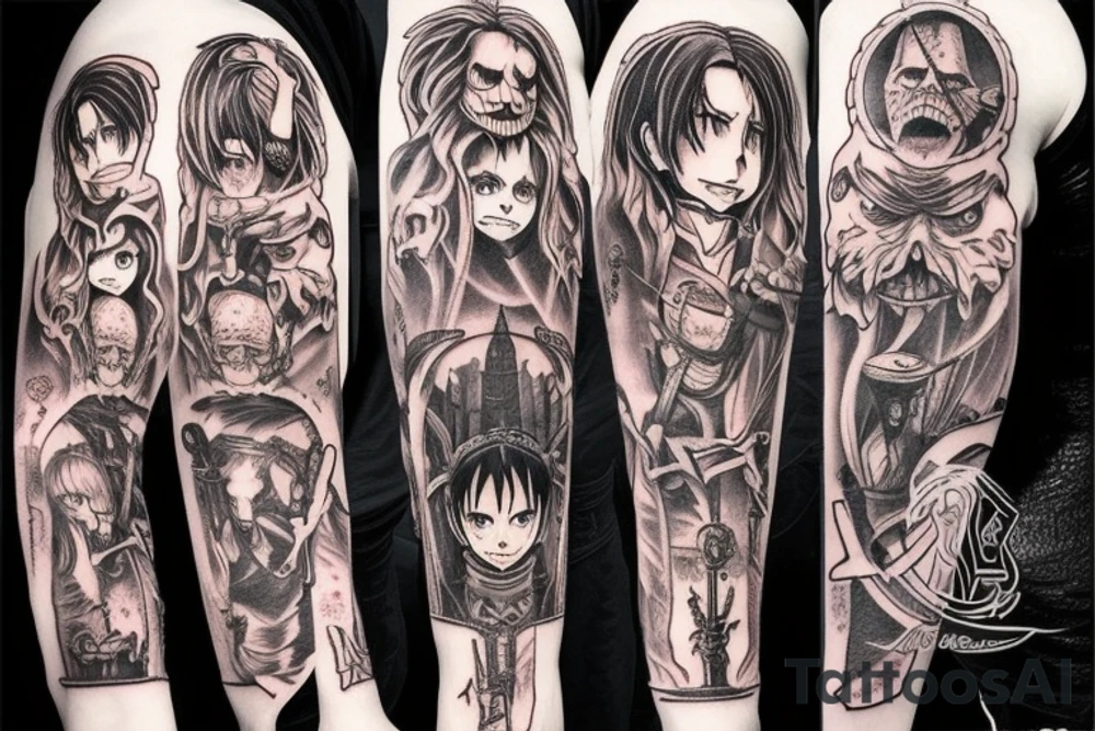 I would like a demon slayer, Harry Potter, attack on titan, Alice in wonderland, and the nightmare before Christmas themed sleeve tattoo tattoo idea