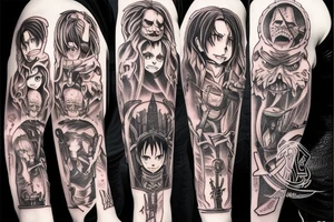I would like a demon slayer, Harry Potter, attack on titan, Alice in wonderland, and the nightmare before Christmas themed sleeve tattoo tattoo idea