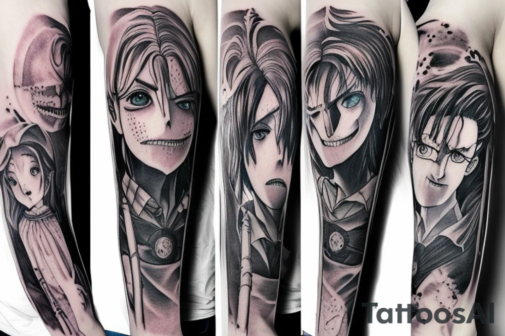 I would like a demon slayer, Harry Potter, attack on titan, Alice in wonderland, and the nightmare before Christmas themed sleeve tattoo tattoo idea