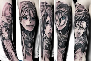 I would like a demon slayer, Harry Potter, attack on titan, Alice in wonderland, and the nightmare before Christmas themed sleeve tattoo tattoo idea