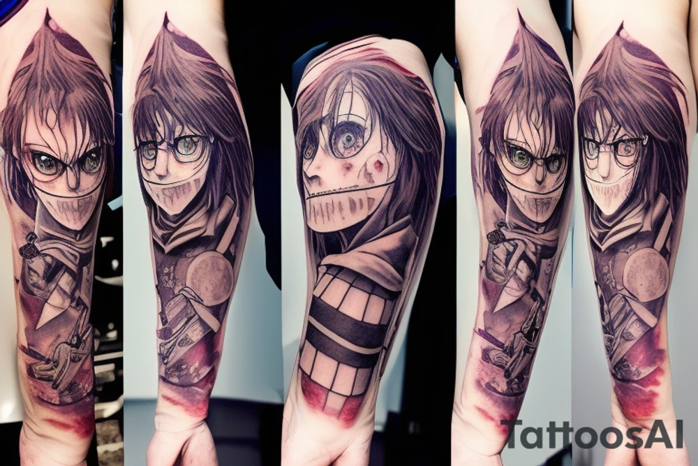 I would like a demon slayer, Harry Potter, attack on titan, Alice in wonderland, and the nightmare before Christmas themed sleeve tattoo tattoo idea