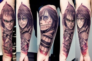 I would like a demon slayer, Harry Potter, attack on titan, Alice in wonderland, and the nightmare before Christmas themed sleeve tattoo tattoo idea