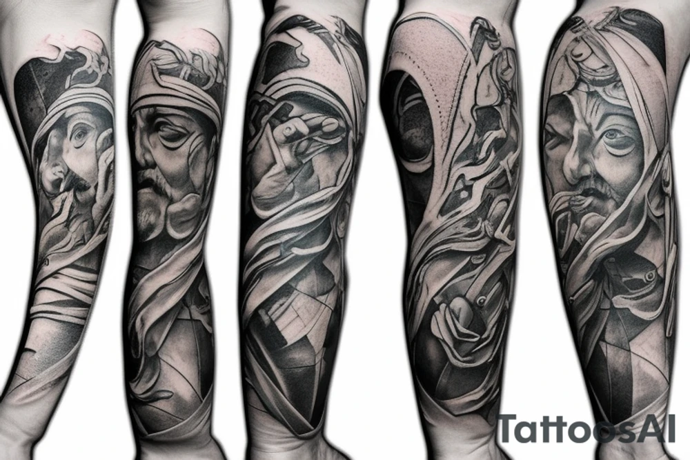 Ancient philosopher arm sleeve tattoo idea
