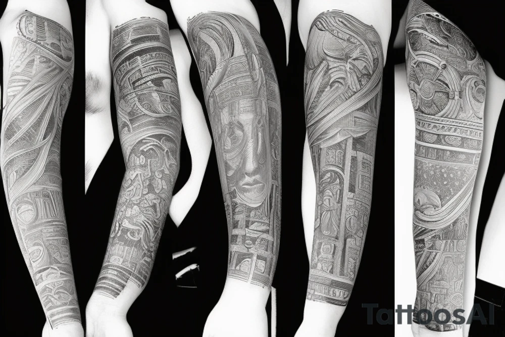 Ancient philosopher arm sleeve tattoo idea