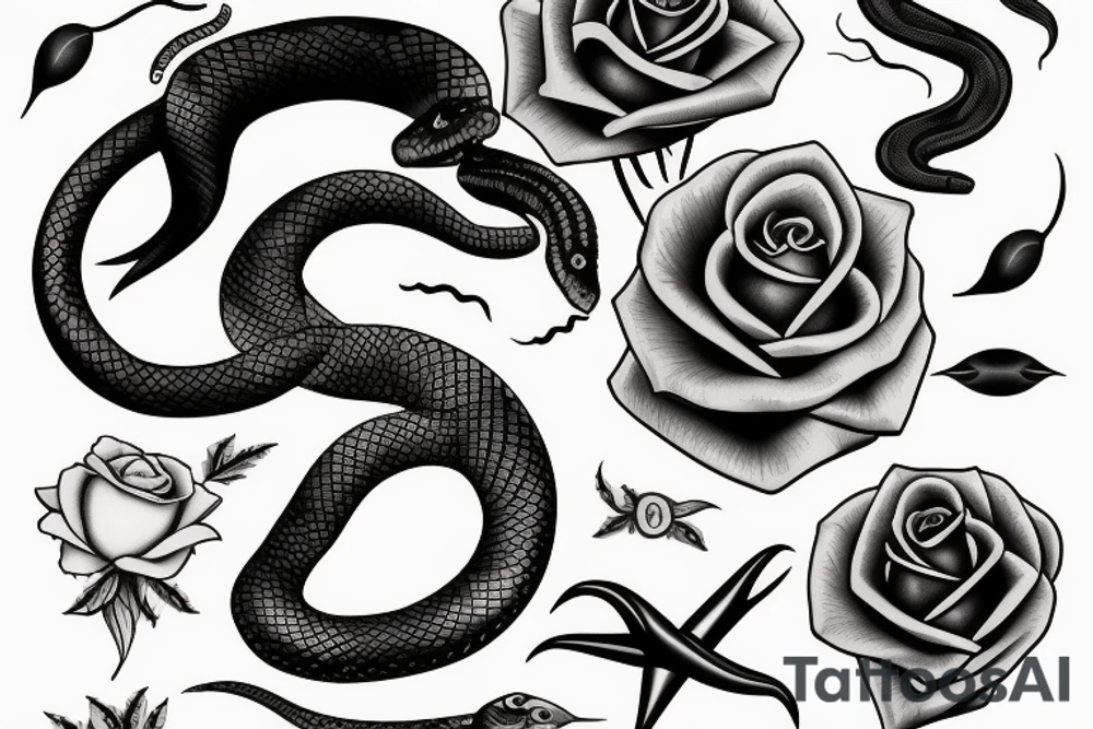 Black snake with rose and scissors tattoo idea