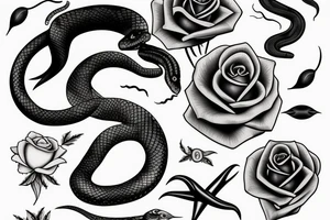 Black snake with rose and scissors tattoo idea