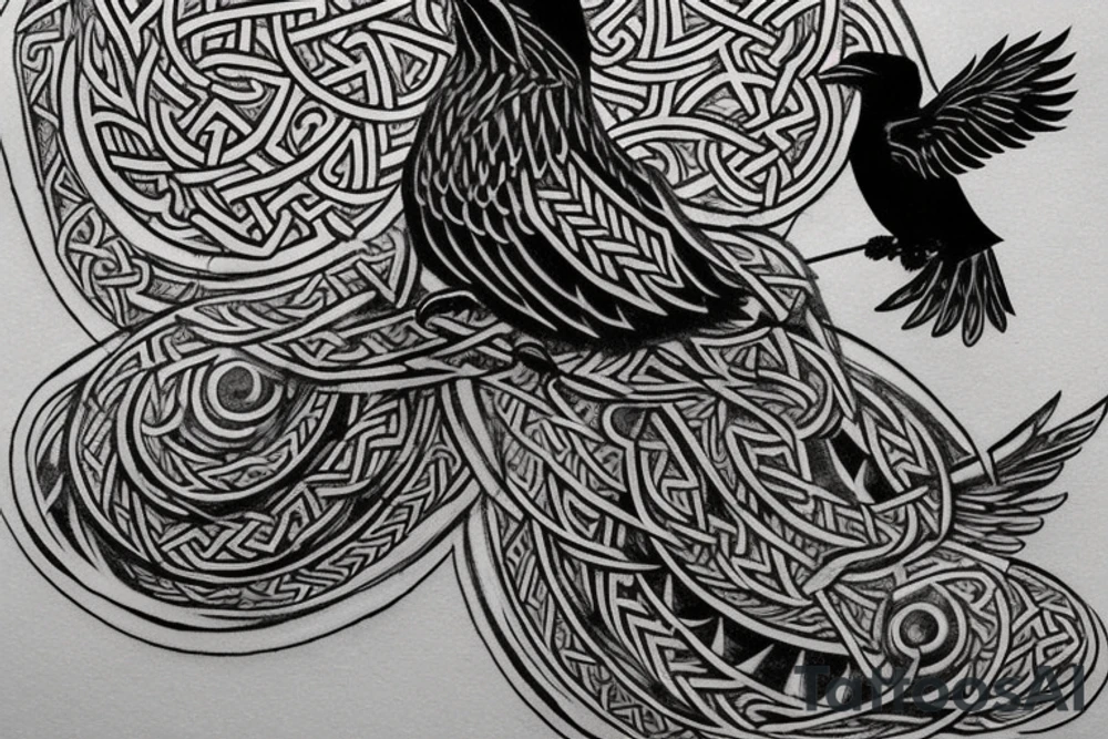 Create a black ink tattoo design featuring two Viking ravens, Huginn and Muninn, perched atop a branch or flying in mid-air, with their wings outstretched. The design should capture the powerful, enigmatic essence of these mythic birds, while also incorporating intricate Norse patterns and symbols that pay homage to Viking culture. Consider using clean, bold lines to convey the strength and grace of the ravens, and incorporating shading and texture to add depth and dimensionality. The final design should be both timeless and striking, evoking the ancient allure of Norse mythology in a fresh and modern way tattoo idea