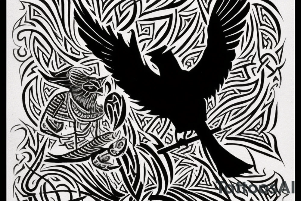 Create a black ink tattoo design featuring two Viking ravens, Huginn and Muninn, perched atop a branch or flying in mid-air, with their wings outstretched. The design should capture the powerful, enigmatic essence of these mythic birds, while also incorporating intricate Norse patterns and symbols that pay homage to Viking culture. Consider using clean, bold lines to convey the strength and grace of the ravens, and incorporating shading and texture to add depth and dimensionality. The final design should be both timeless and striking, evoking the ancient allure of Norse mythology in a fresh and modern way tattoo idea