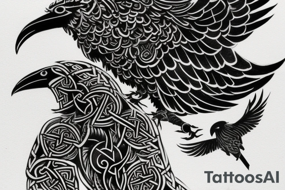 Create a black ink tattoo design featuring two Viking ravens, Huginn and Muninn, perched atop a branch or flying in mid-air, with their wings outstretched. The design should capture the powerful, enigmatic essence of these mythic birds, while also incorporating intricate Norse patterns and symbols that pay homage to Viking culture. Consider using clean, bold lines to convey the strength and grace of the ravens, and incorporating shading and texture to add depth and dimensionality. The final design should be both timeless and striking, evoking the ancient allure of Norse mythology in a fresh and modern way tattoo idea