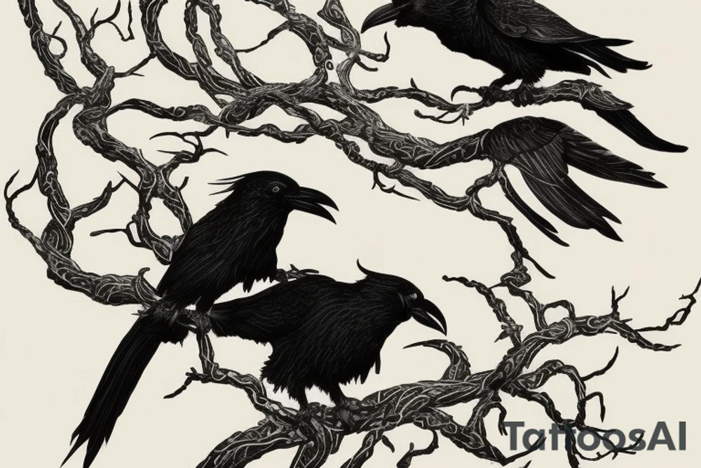 Create a black ink tattoo design featuring two Viking ravens, Huginn and Muninn, perched atop a branch or flying in mid-air, with their wings outstretched. The design should capture the powerful, enigmatic essence of these mythic birds, while also incorporating intricate Norse patterns and symbols that pay homage to Viking culture. Consider using clean, bold lines to convey the strength and grace of the ravens, and incorporating shading and texture to add depth and dimensionality. The final design should be both timeless and striking, evoking the ancient allure of Norse mythology in a fresh and modern way tattoo idea