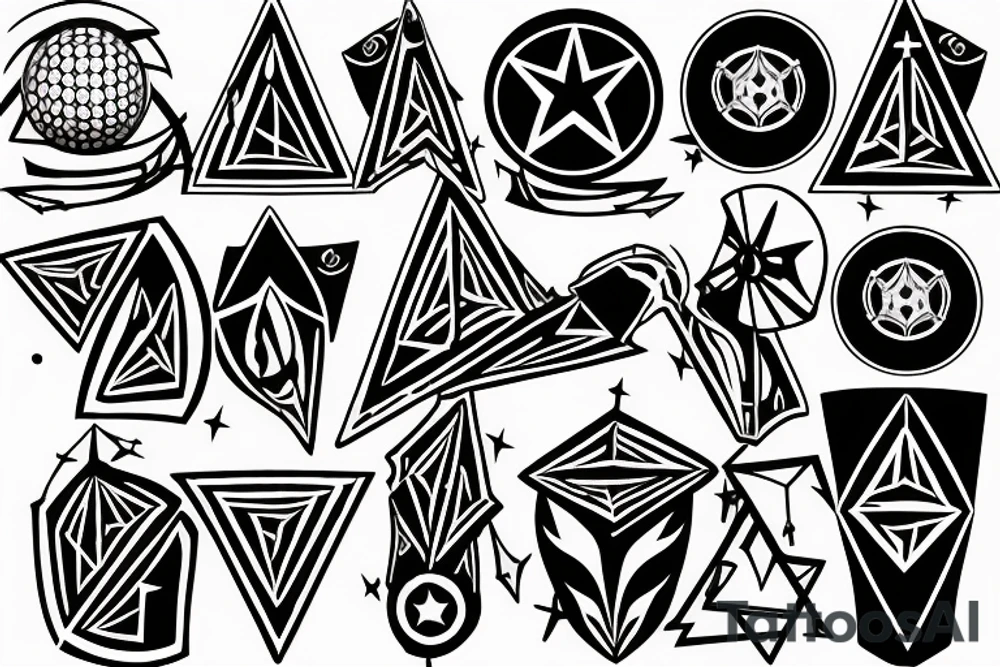 Pointed Star, Scottish claymore, soccer ball, Drum Kit, Guitar, Musical Notation,Dark Side of the Moon Pyramid, 4 Aces, #HBC , Boxing Gloves, Fishing Rod, Golf Ball tattoo idea