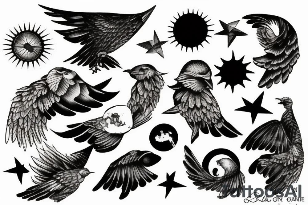 Soleil levant avec des colombes et des nuages tattoo idea