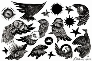 Soleil levant avec des colombes et des nuages tattoo idea