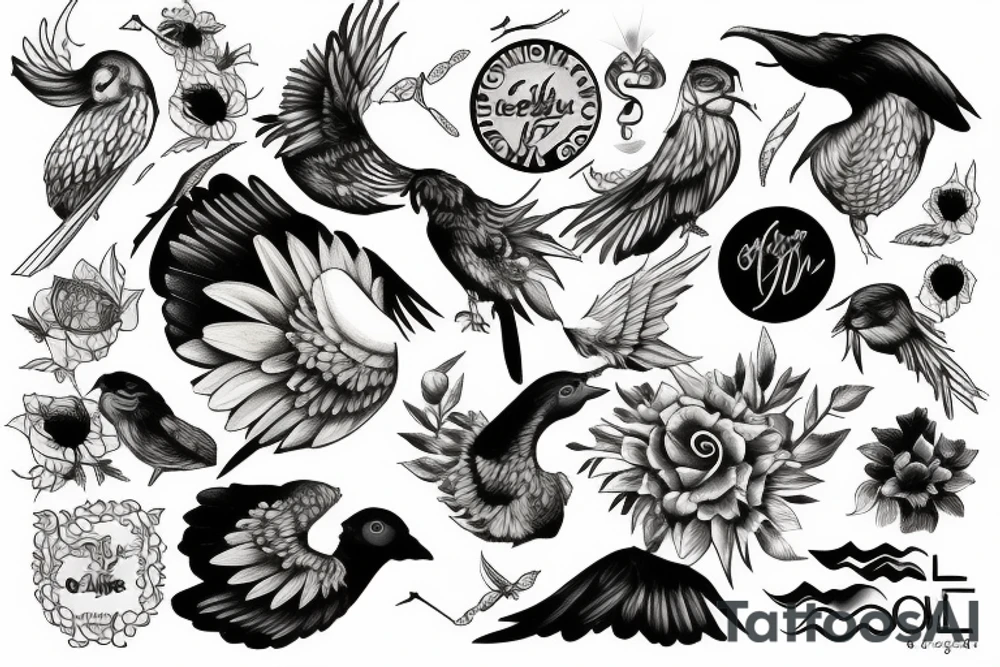 Soleil levant avec des colombes et des nuages tattoo idea