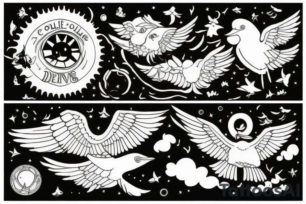 Soleil levant avec des colombes et des nuages tattoo idea