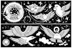 Soleil levant avec des colombes et des nuages tattoo idea