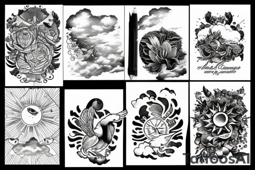 Soleil levant avec des colombes et des nuages tattoo idea
