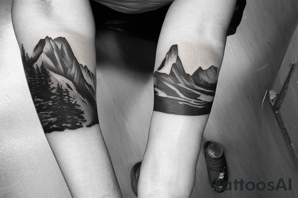 tattoo of a 5 rectangles each one being .5 inches in length and 5 inches in height. Insidethe first inclue a black and white picture of a Mountain terrian. Inside the second inclue a black and white picture of a Ocean terrian. Inside the third inclue a black and white picture of a Forrest terrian. Inside the fourth inclue a black and white picture of a Desert terrian. Inside the fifth inclue a black and white picture of a arctic terrian. tattoo idea