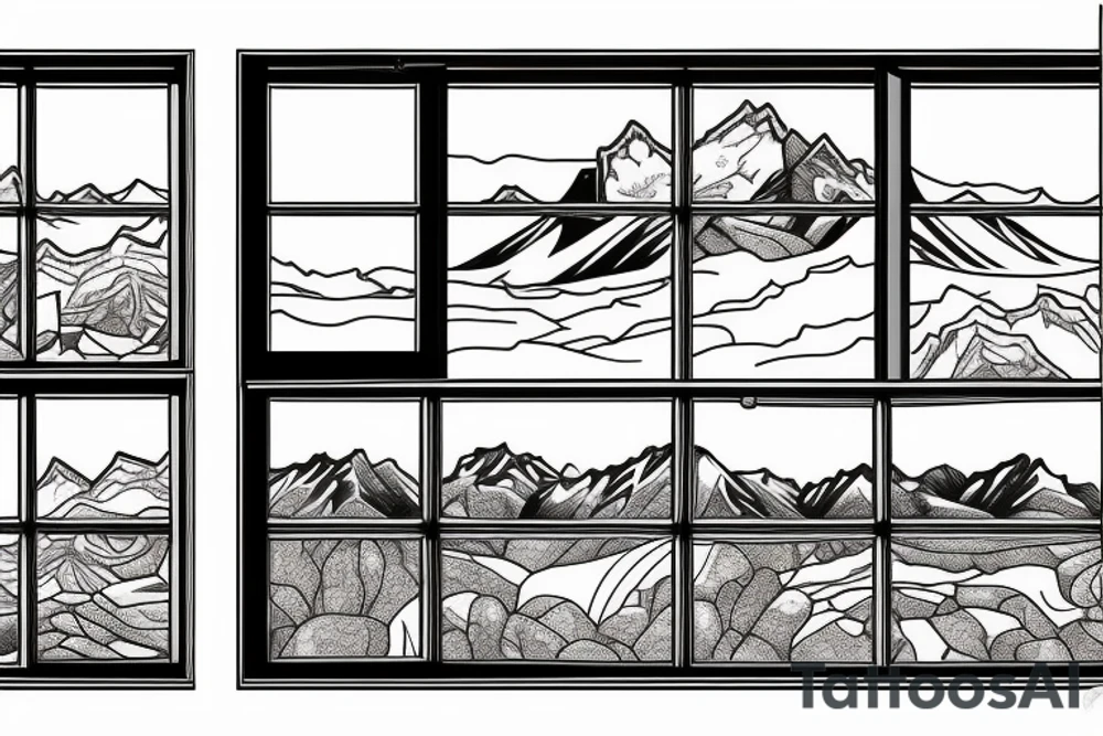 a skinny window with a mountain terrain inside the window tattoo idea