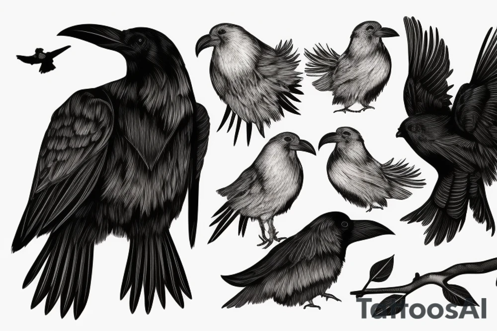 engraving: good black raven on a twig in graphic style tattoo idea