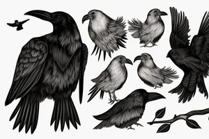 engraving: good black raven on a twig in graphic style tattoo idea