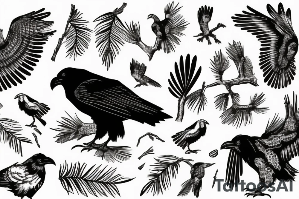 engraving: good black raven on a twig in graphic style tattoo idea