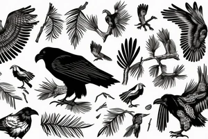 engraving: good black raven on a twig in graphic style tattoo idea