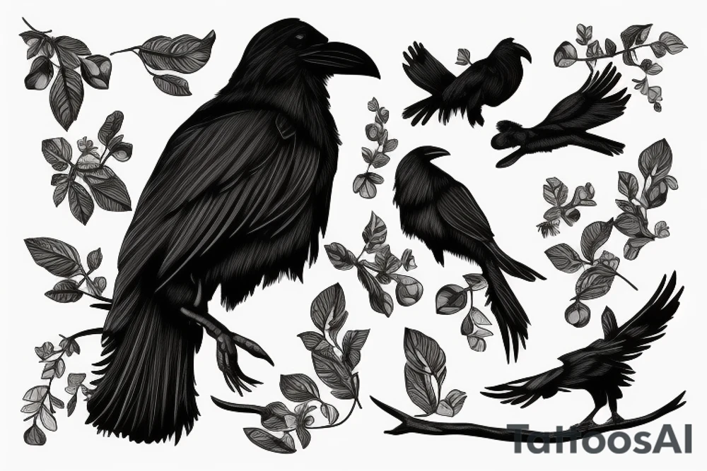 engraving: good black raven on a twig in graphic style tattoo idea