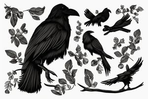 engraving: good black raven on a twig in graphic style tattoo idea