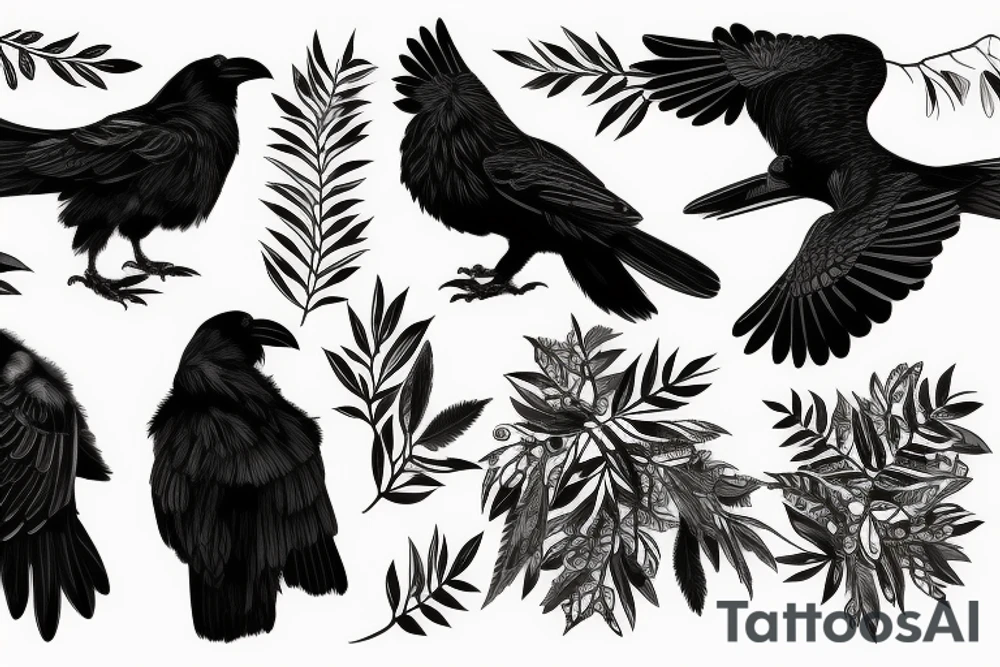 engraving: good black raven on a twig in graphic style tattoo idea