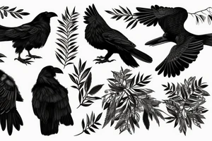 engraving: good black raven on a twig in graphic style tattoo idea