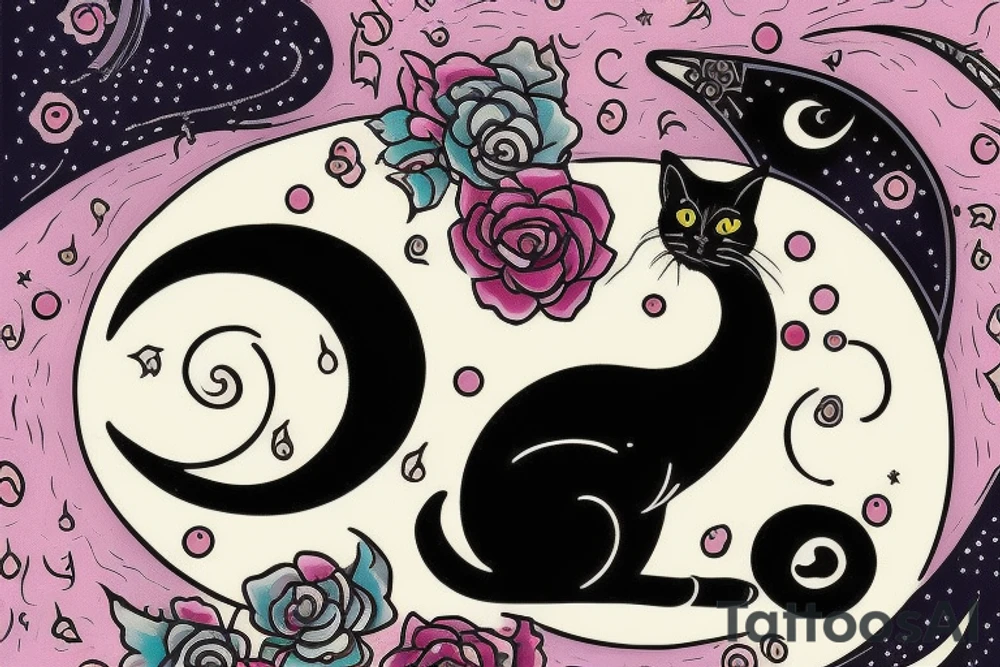 crescent moon with a tuxedo black cat sitting on it.

the colors used should be subtle colors. pink tattoo idea