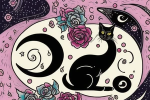 crescent moon with a tuxedo black cat sitting on it.

the colors used should be subtle colors. pink tattoo idea