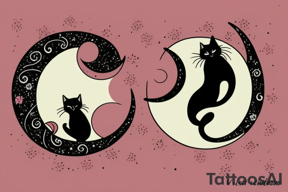 crescent moon with a tuxedo black cat sitting on it.

the colors used should be subtle colors. pink tattoo idea