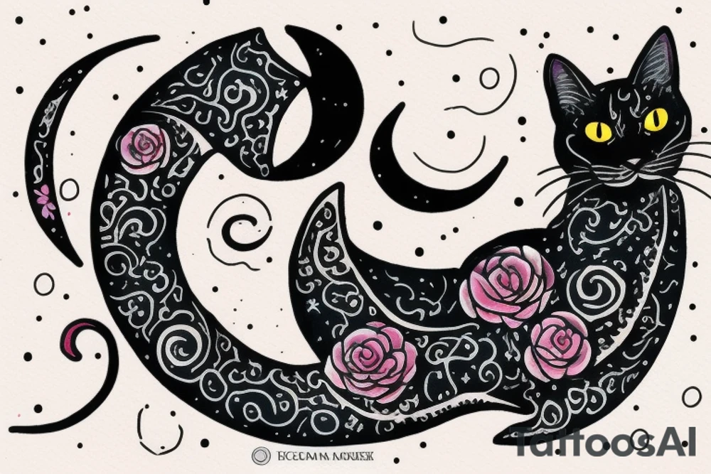 crescent moon with a tuxedo black cat sitting on it.

the colors used should be subtle colors. pink tattoo idea