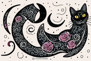 crescent moon with a tuxedo black cat sitting on it.

the colors used should be subtle colors. pink tattoo idea