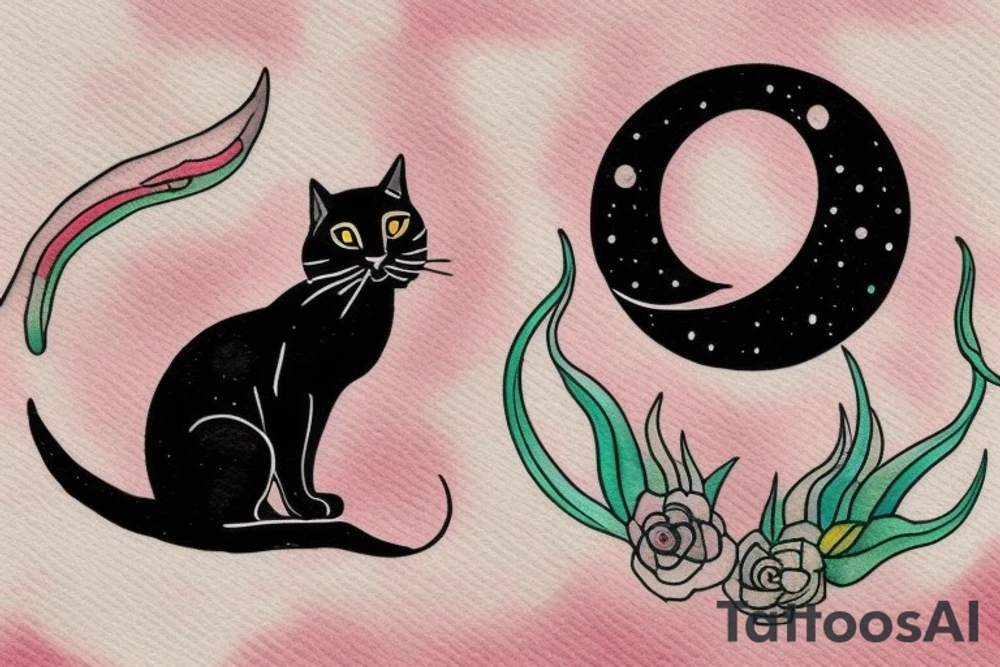 crescent moon with a tuxedo black cat sitting on it.

the colors used should be subtle colors. pink tattoo idea
