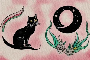 crescent moon with a tuxedo black cat sitting on it.

the colors used should be subtle colors. pink tattoo idea