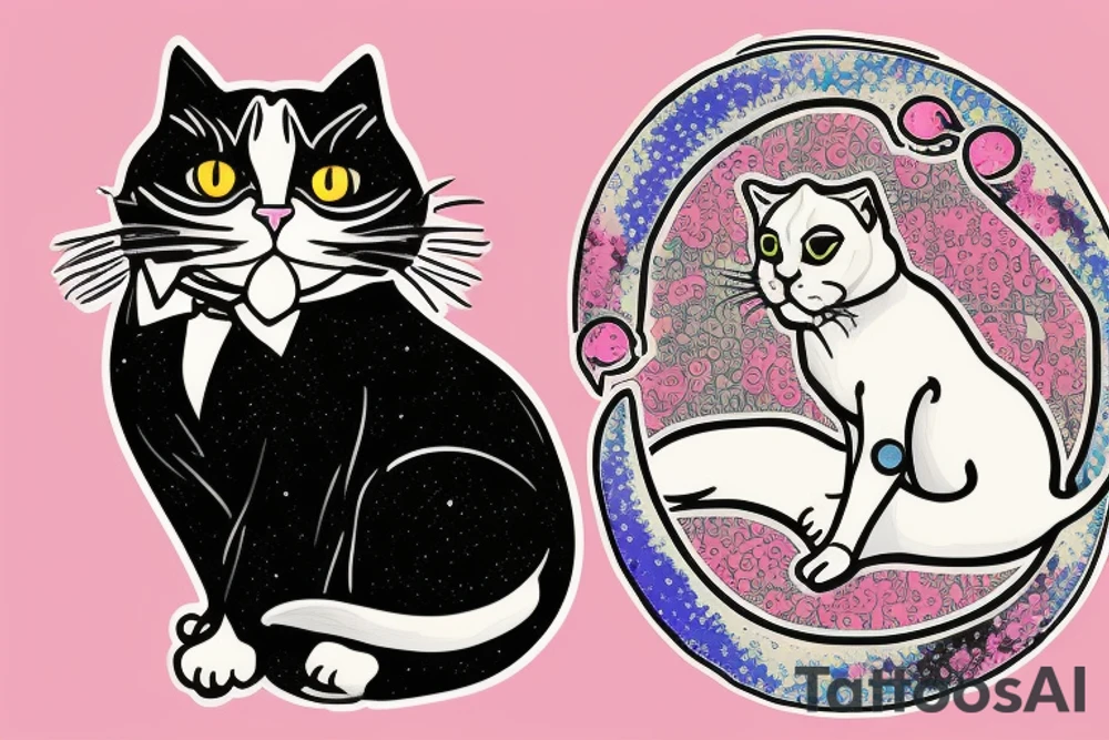card sized

crescent moon with a tuxedo black cat sitting on it.

the colors used should be subtle colors. pink tattoo idea