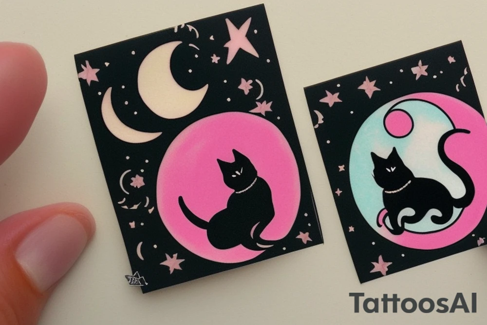 card sized

crescent moon with a tuxedo black cat sitting on it.

the colors used should be subtle colors. pink tattoo idea