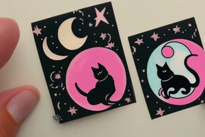 card sized

crescent moon with a tuxedo black cat sitting on it.

the colors used should be subtle colors. pink tattoo idea