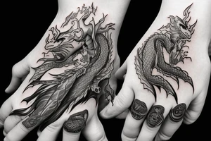 Baby dragon being held on a woman’s outstretched hand. tattoo idea