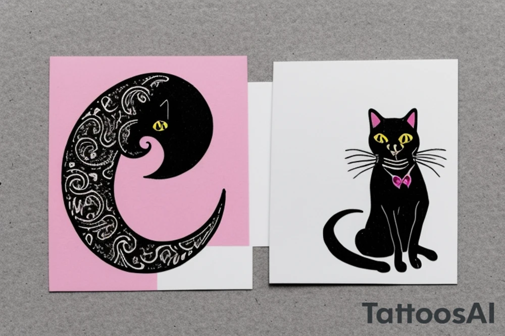 card sized

crescent moon with a tuxedo black cat sitting on it.

the colors used should be subtle colors. pink tattoo idea