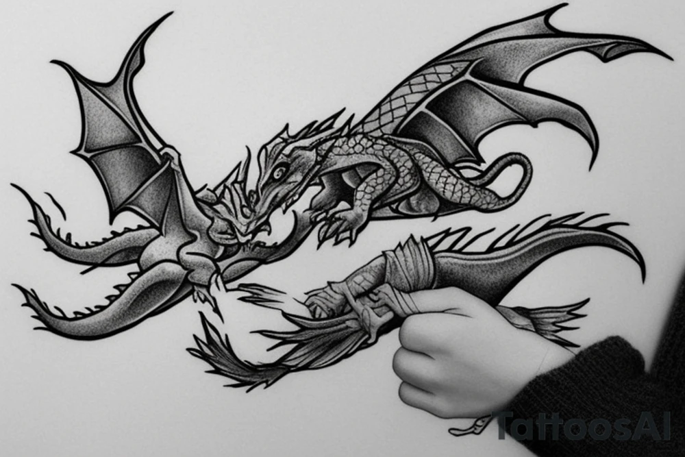 Baby dragon being held on a woman’s outstretched hand. tattoo idea