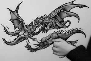 Baby dragon being held on a woman’s outstretched hand. tattoo idea