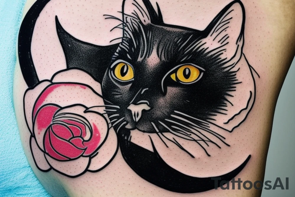 left forearm

crescent moon with a tuxedo black cat sitting on it.

the colors used should be subtle colors. pink tattoo idea