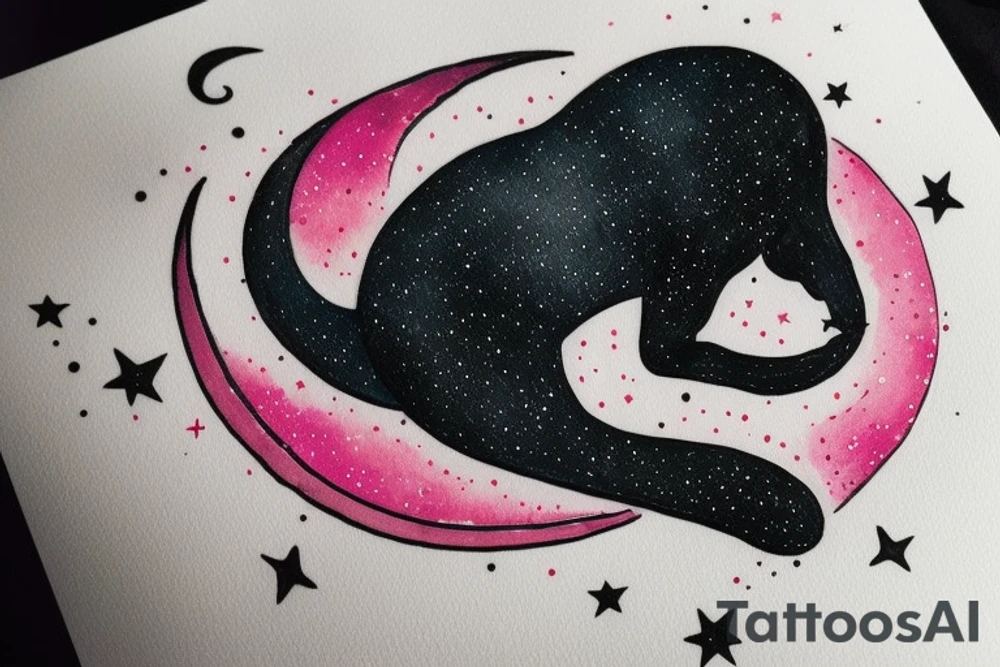 left forearm

crescent moon with a tuxedo black cat sitting on it.

on the crescent moon there are strings of stars dangling from it

the colors used should be subtle colors. pink
no background tattoo idea