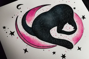 left forearm

crescent moon with a tuxedo black cat sitting on it.

on the crescent moon there are strings of stars dangling from it

the colors used should be subtle colors. pink
no background tattoo idea
