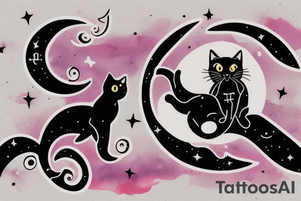 left forearm

crescent moon with a tuxedo black cat sitting on it.

on the crescent moon there are strings of stars dangling from it

the colors used should be subtle colors. pink
no background tattoo idea